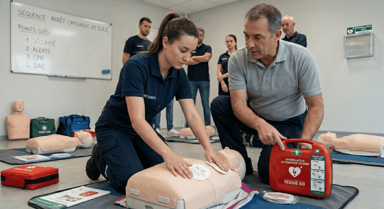 Formation secourisme : massage cardiaque et défibrillateur sur mannequin